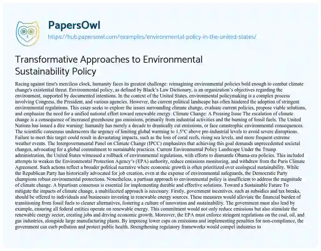 Essay on Transformative Approaches to Environmental Sustainability Policy