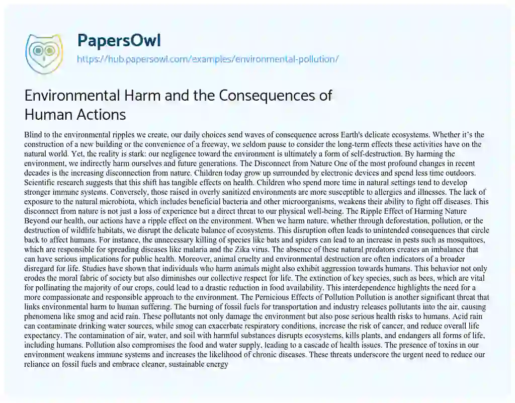 Essay on Environmental Harm and the Consequences of Human Actions