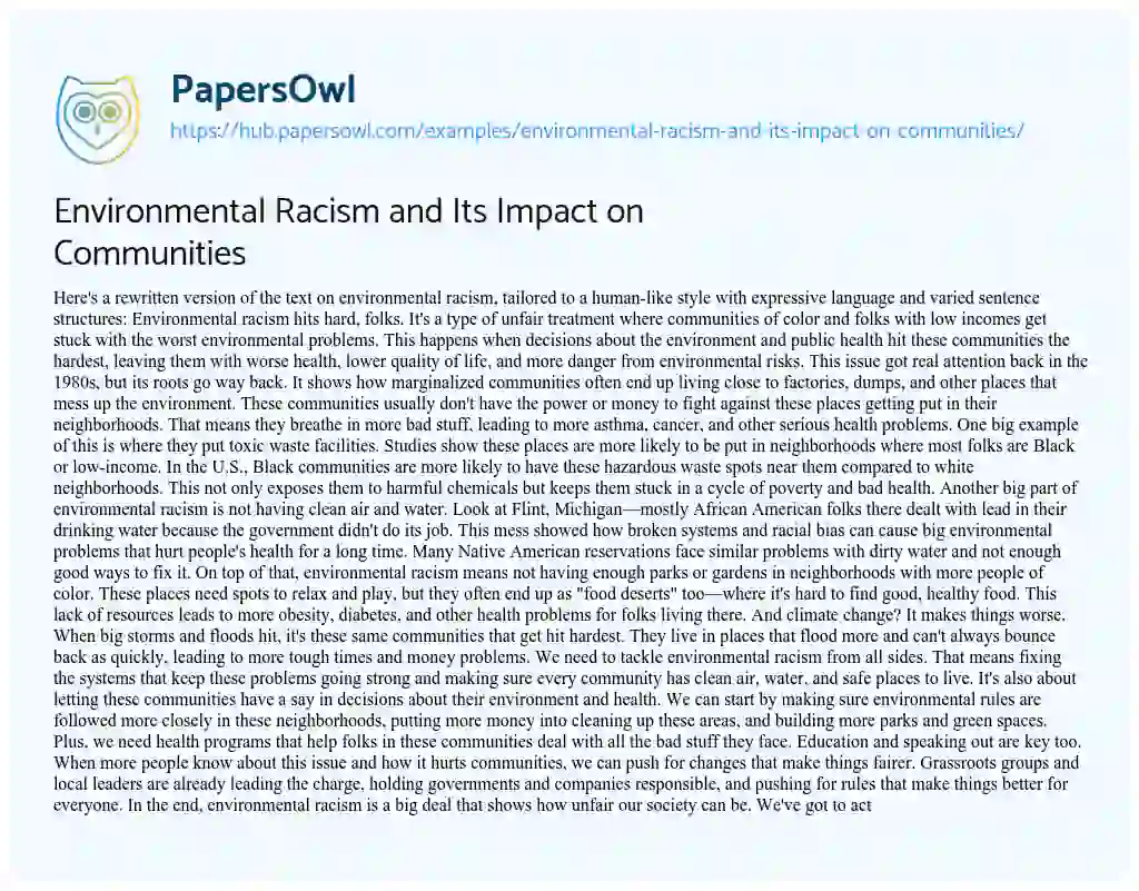 Essay on Environmental Racism and Its Impact on Communities