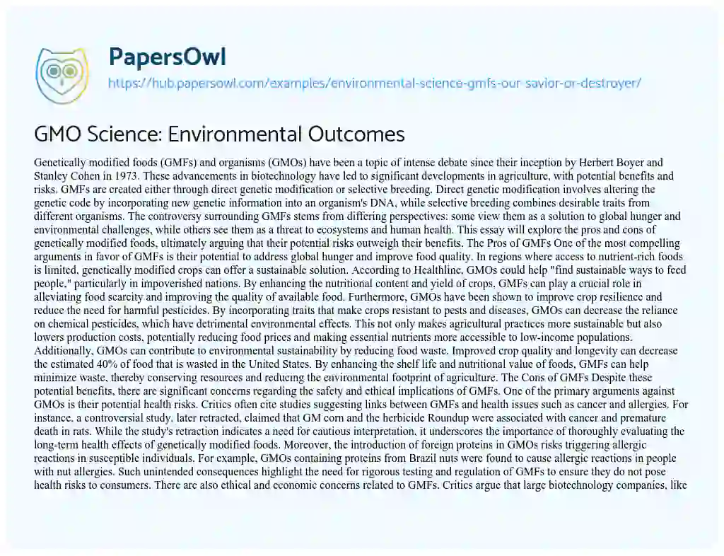 Essay on GMO Science: Environmental Outcomes
