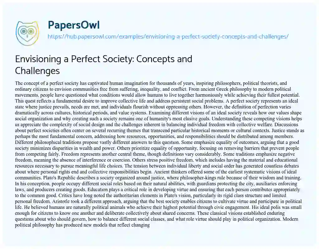 Essay on Envisioning a Perfect Society: Concepts and Challenges