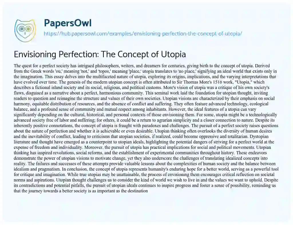 Essay on Envisioning Perfection: The Concept of Utopia