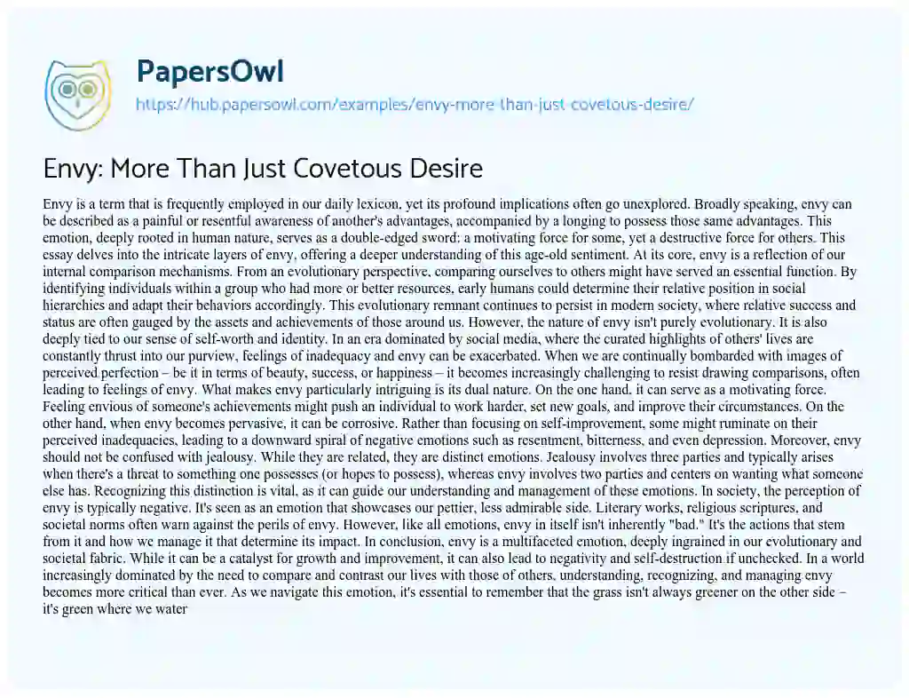Essay on Envy: More Than Just Covetous Desire