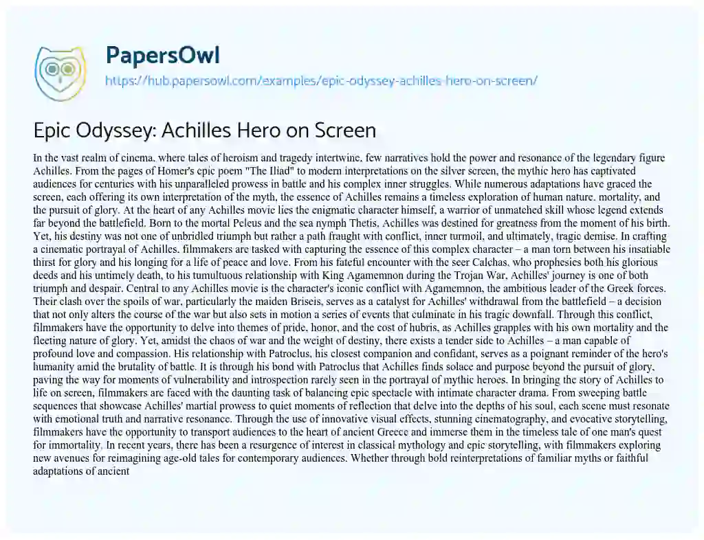 Essay on Epic Odyssey: Achilles Hero on Screen