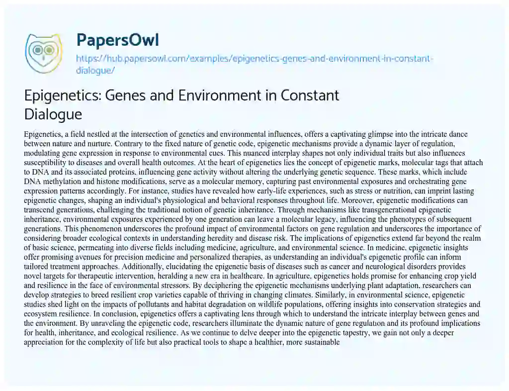 Essay on Epigenetics: Genes and Environment in Constant Dialogue