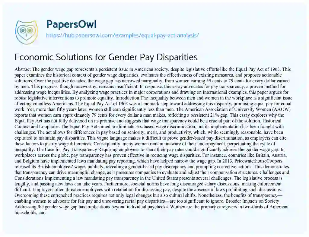 Essay on Economic Solutions for Gender Pay Disparities