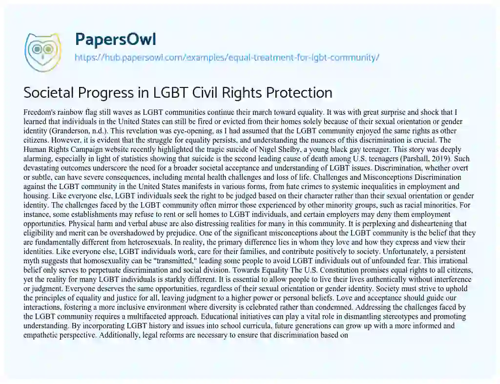 Essay on Societal Progress in LGBT Civil Rights Protection