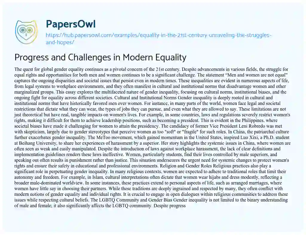 Essay on Progress and Challenges in Modern Equality