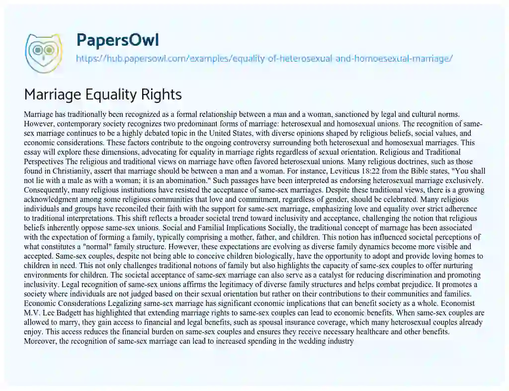 Essay on Marriage Equality Rights