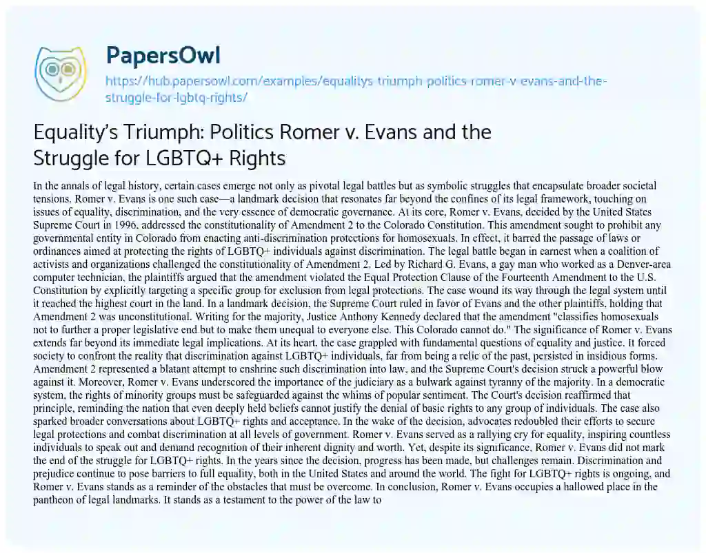 Essay on Equality’s Triumph: Politics Romer v. Evans and the Struggle for LGBTQ+ Rights