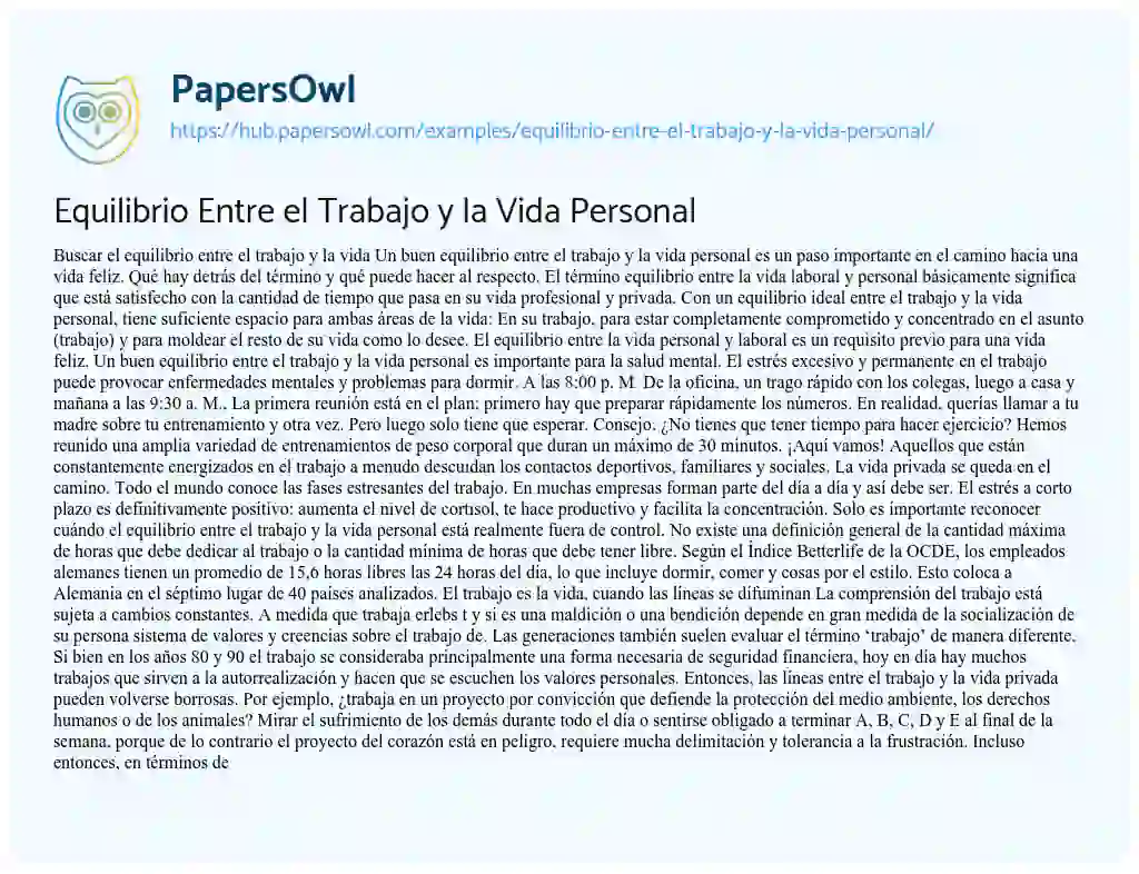 Essay on Equilibrio Entre el Trabajo y la Vida Personal