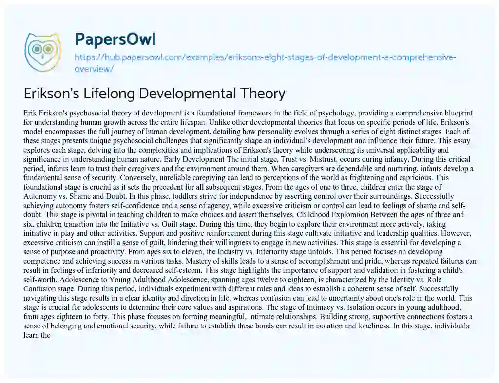 Essay on Erikson’s Lifelong Developmental Theory