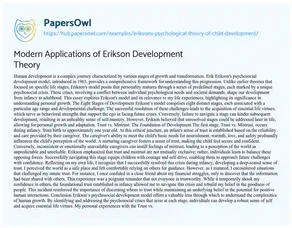 Essay on Modern Applications of Erikson Development Theory