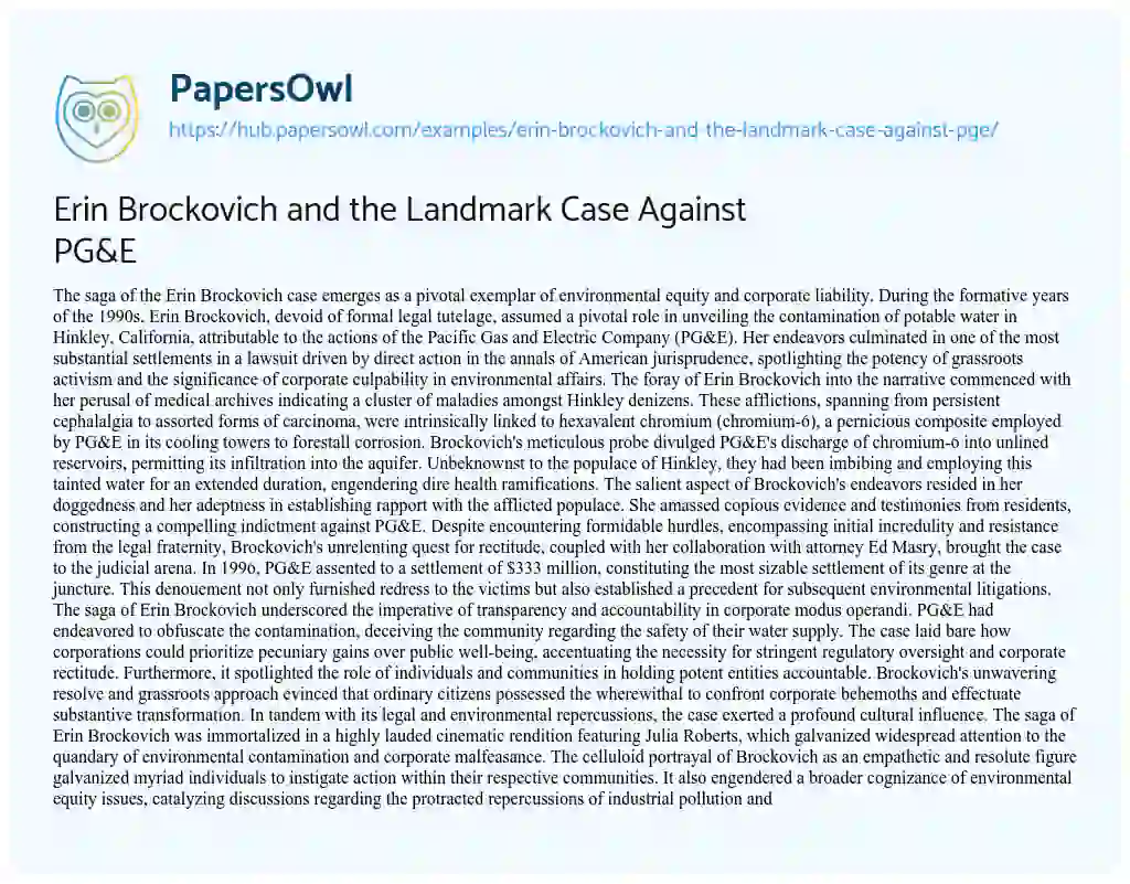 Essay on Erin Brockovich and the Landmark Case Against PG&E