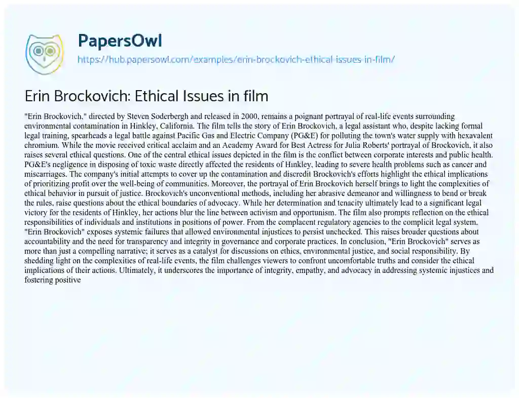 Essay on Erin Brockovich: Ethical Issues in film