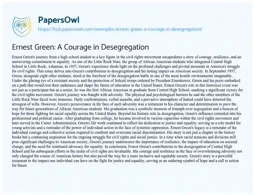 Essay on Ernest Green: A Courage in Desegregation