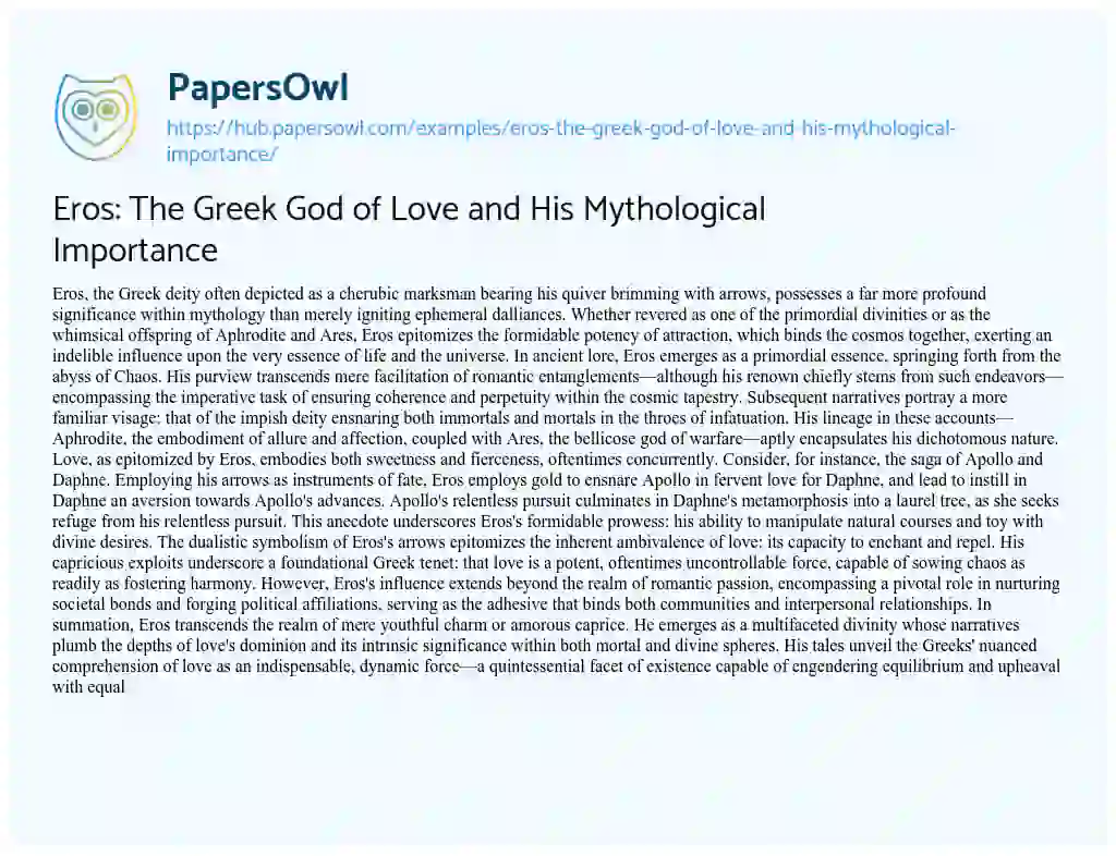 Essay on Eros: The Greek God of Love and His Mythological Importance