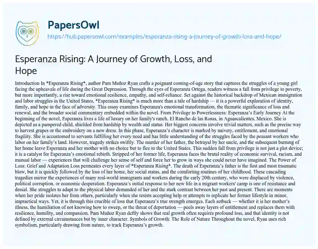 Essay on Esperanza Rising: A Journey of Growth, Loss, and Hope