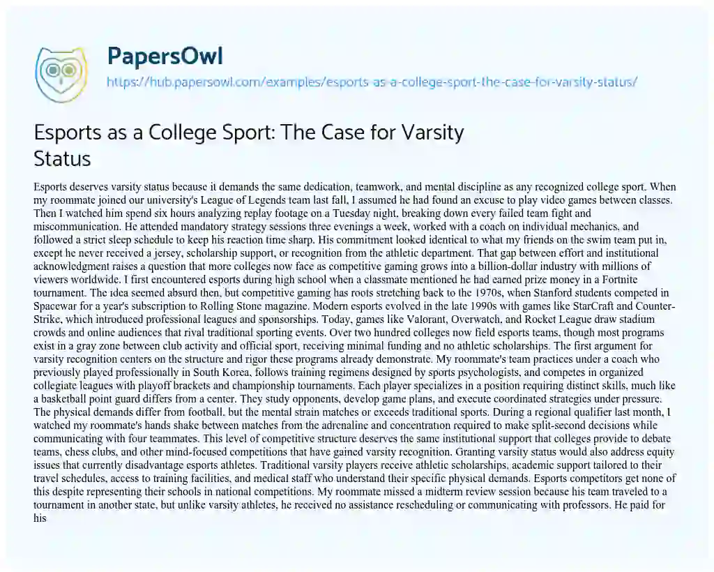 Essay on Esports as a College Sport: The Case for Varsity Status