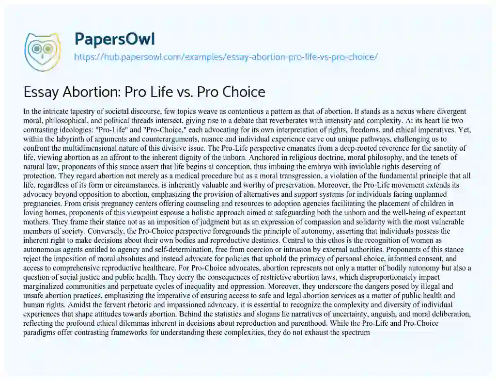 Essay on Essay Abortion: Pro Life vs. Pro Choice