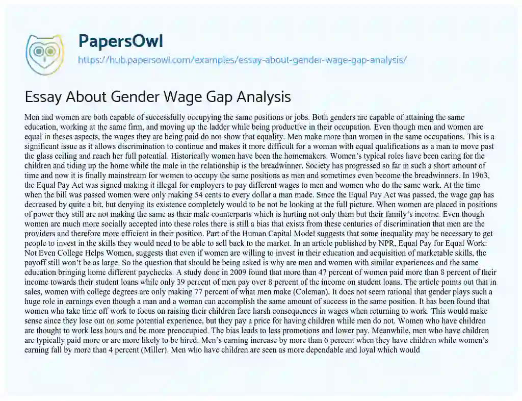 Essay on Essay About Gender Wage Gap Analysis