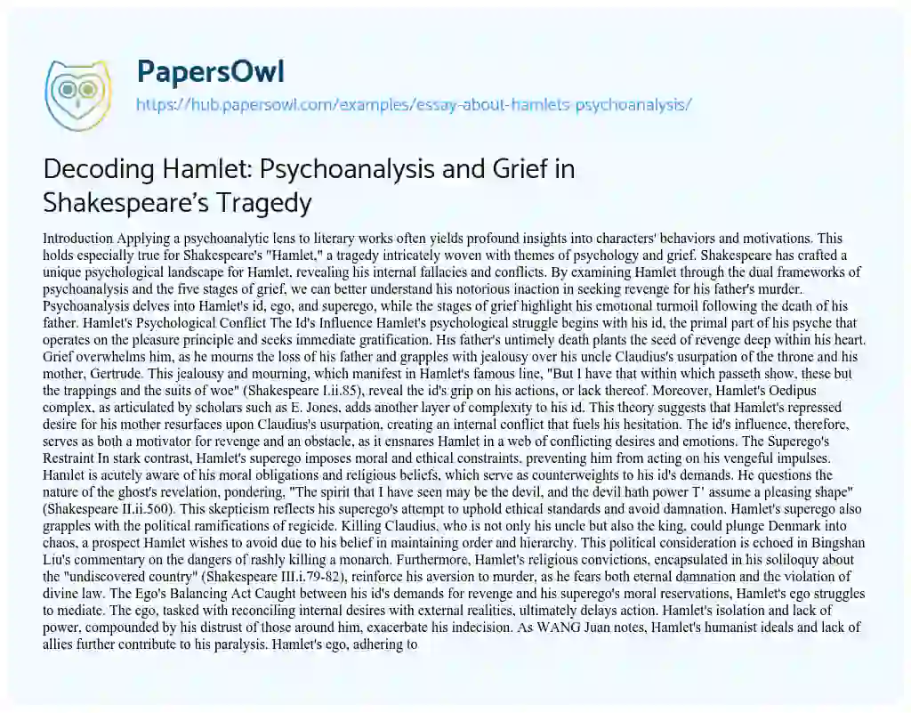 Essay on Decoding Hamlet: Psychoanalysis and Grief in Shakespeare’s Tragedy