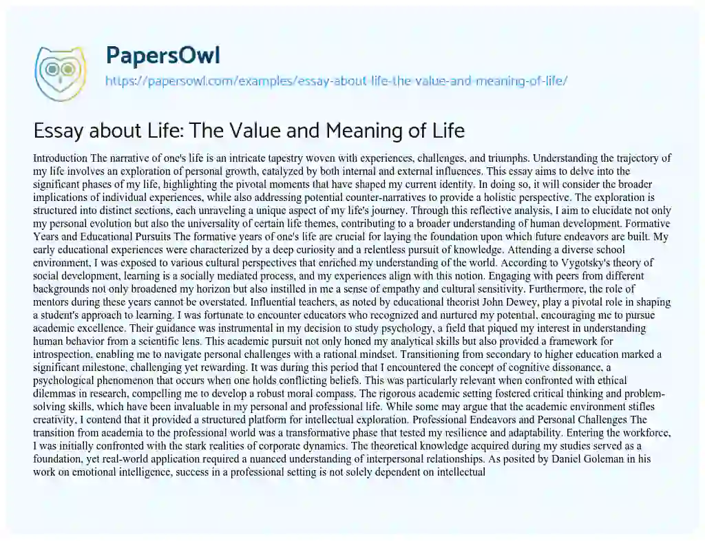 Essay on Essay about Life: The Value and Meaning of Life