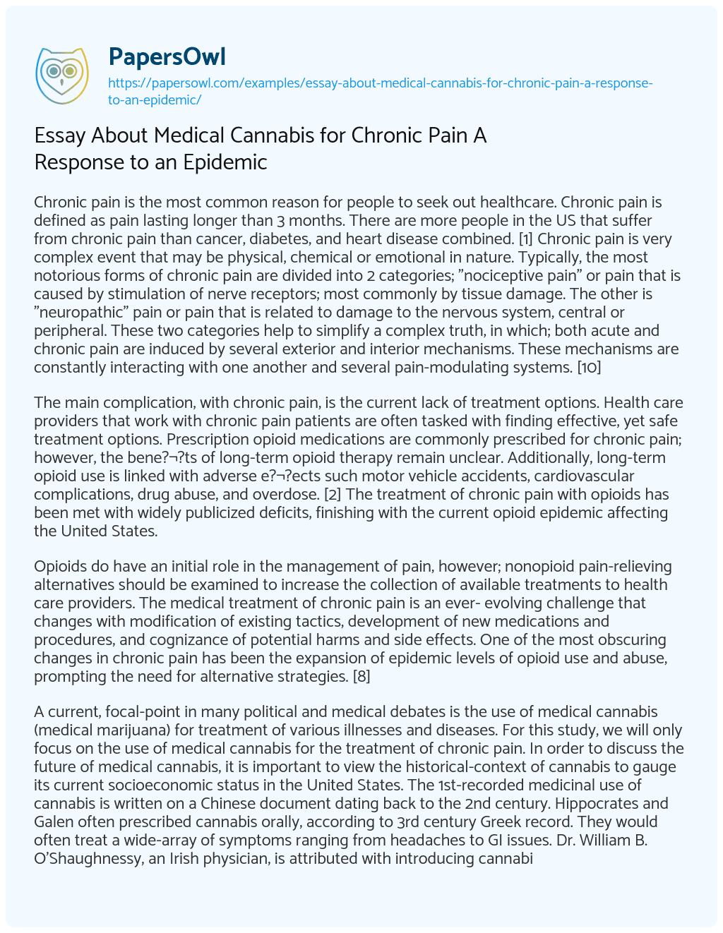 Essay on Essay About Medical Cannabis for Chronic Pain A Response to an Epidemic