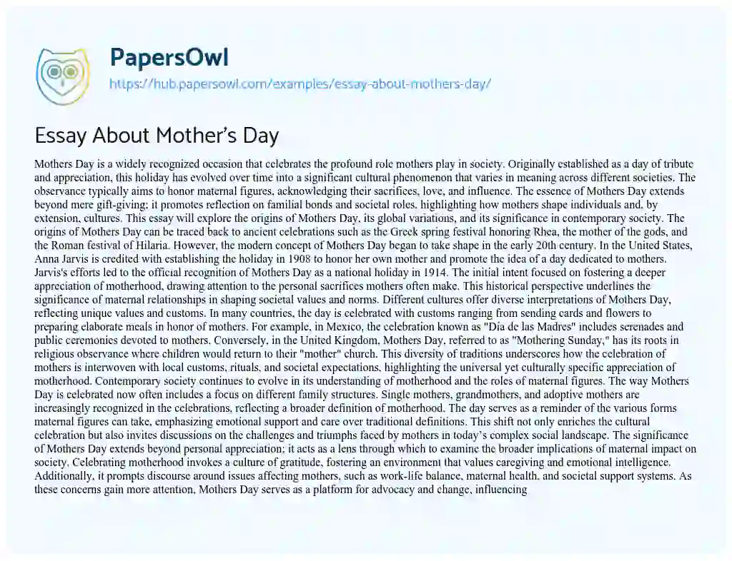 Essay on Essay About Mother’s Day