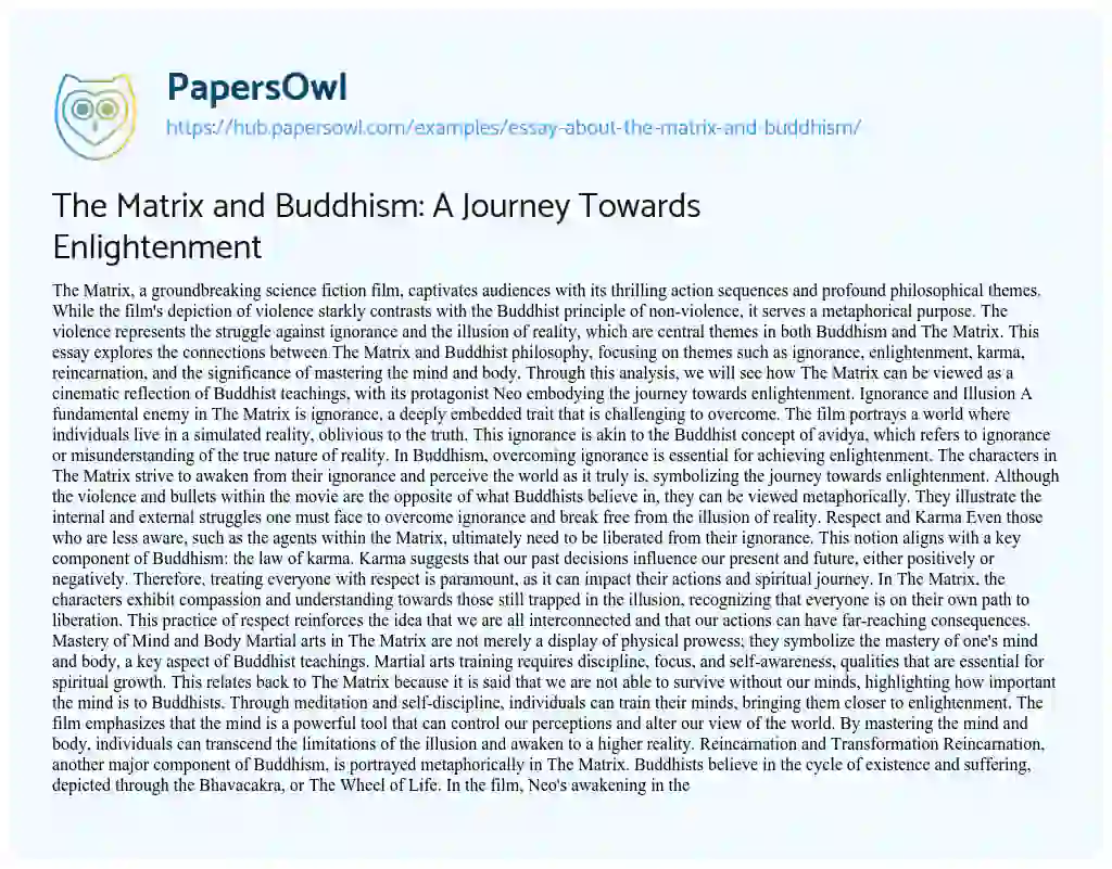 Essay on The Matrix and Buddhism: A Journey Towards Enlightenment