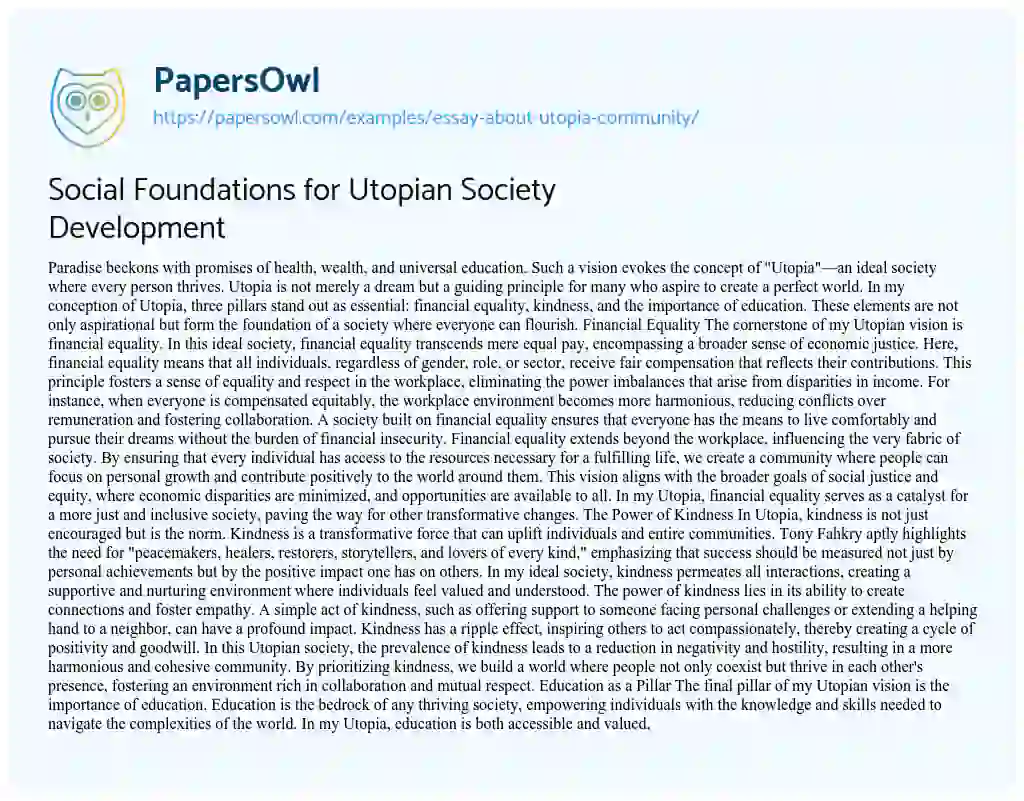 Essay on Social Foundations for Utopian Society Development
