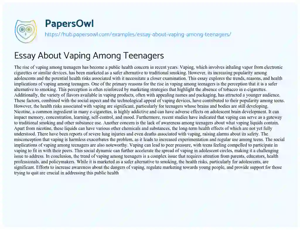 Essay on Essay About Vaping Among Teenagers