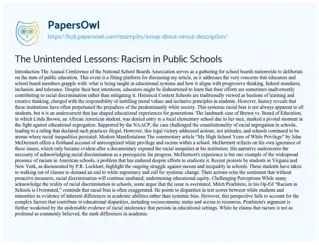 Essay on The Unintended Lessons: Racism in Public Schools
