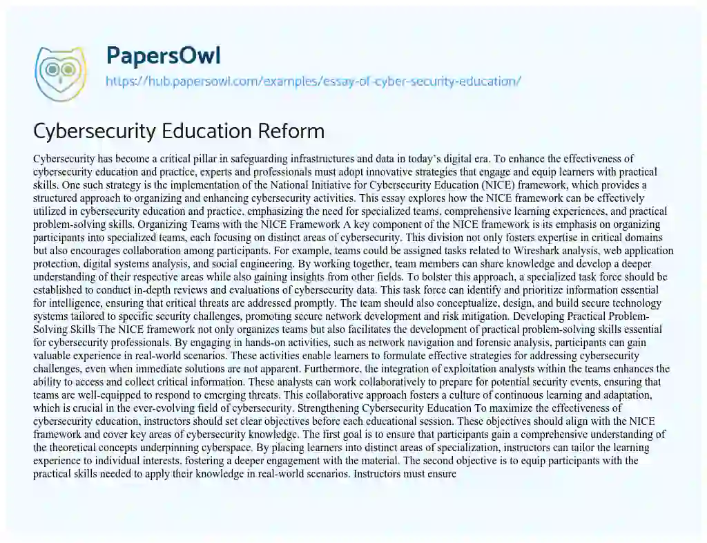 Essay on Cybersecurity Education Reform