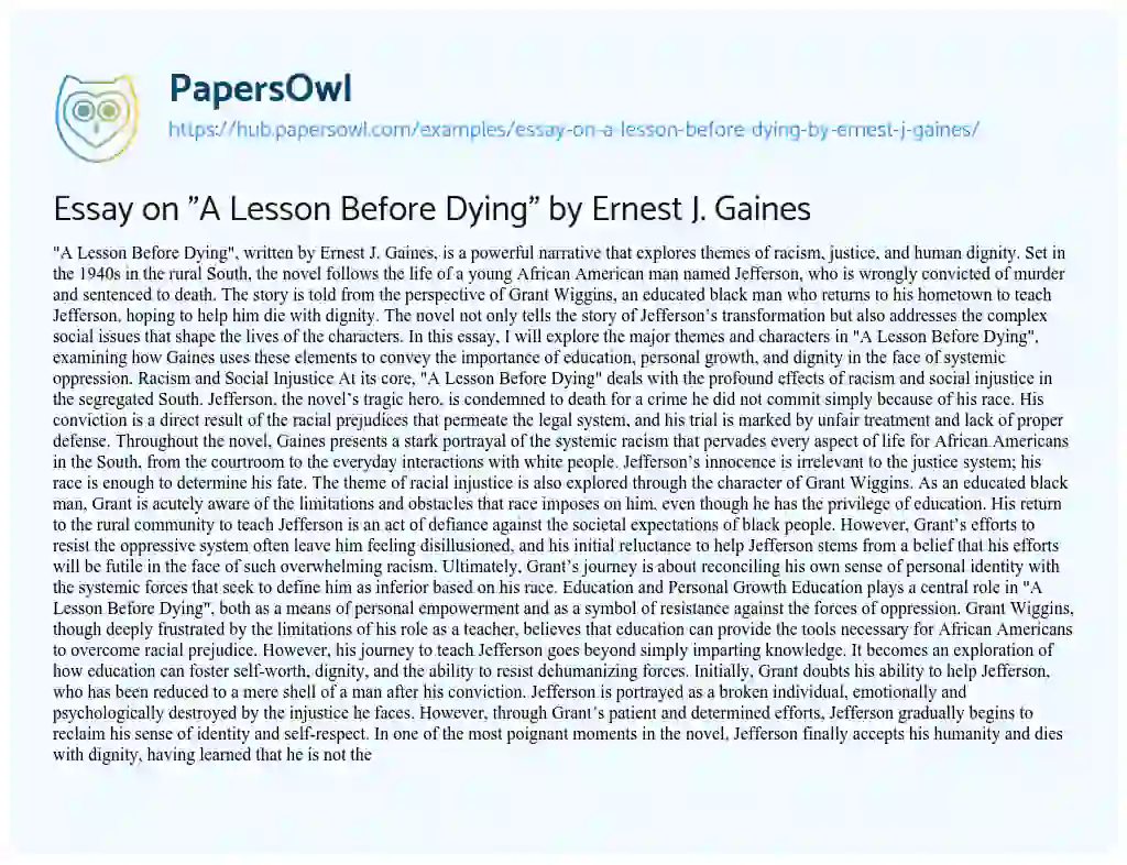 Essay on Essay on “A Lesson Before Dying” by Ernest J. Gaines