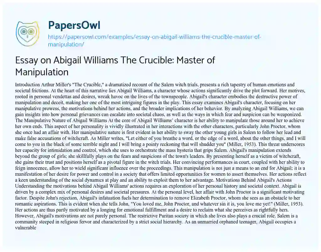 Essay on Essay on Abigail Williams The Crucible: Master of Manipulation