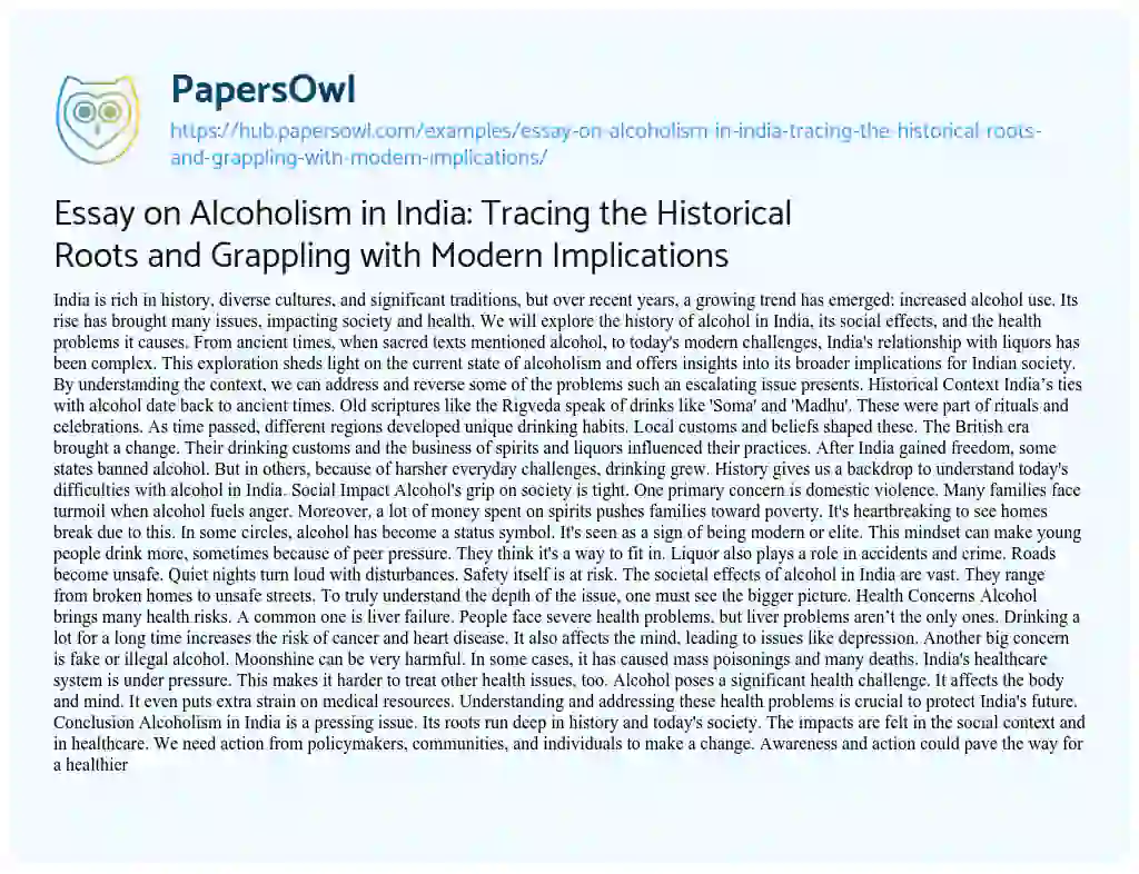 Essay on Essay on Alcoholism in India: Tracing the Historical Roots and Grappling with Modern Implications