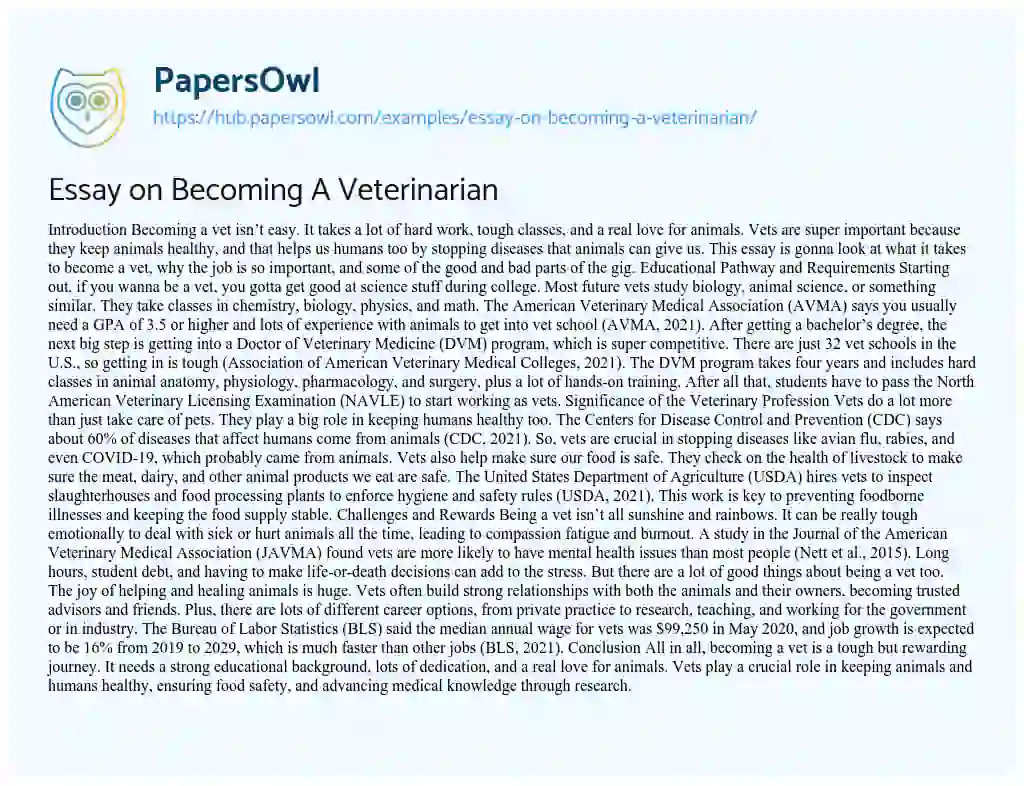 Essay on Essay on Becoming A Veterinarian