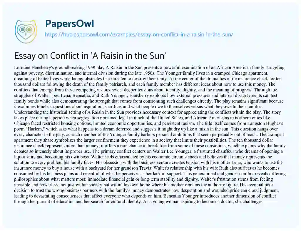 Essay on Essay on Conflict in ‘A Raisin in the Sun’