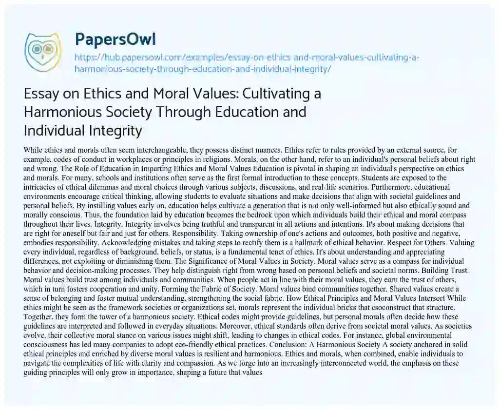 Essay on Essay on Ethics and Moral Values: Cultivating a Harmonious Society Through Education and Individual Integrity
