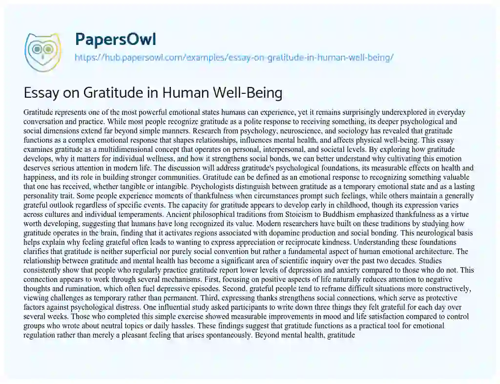 Essay on Essay on Gratitude in Human Well-Being
