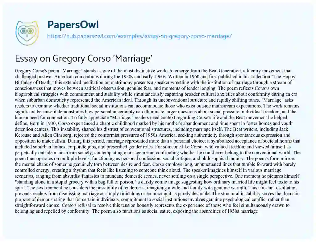 Essay on Essay on Gregory Corso ‘Marriage’