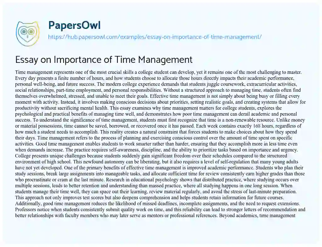 Essay on Essay on Importance of Time Management