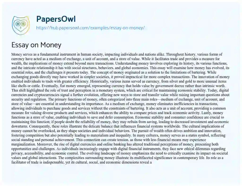 Essay on Essay on Money