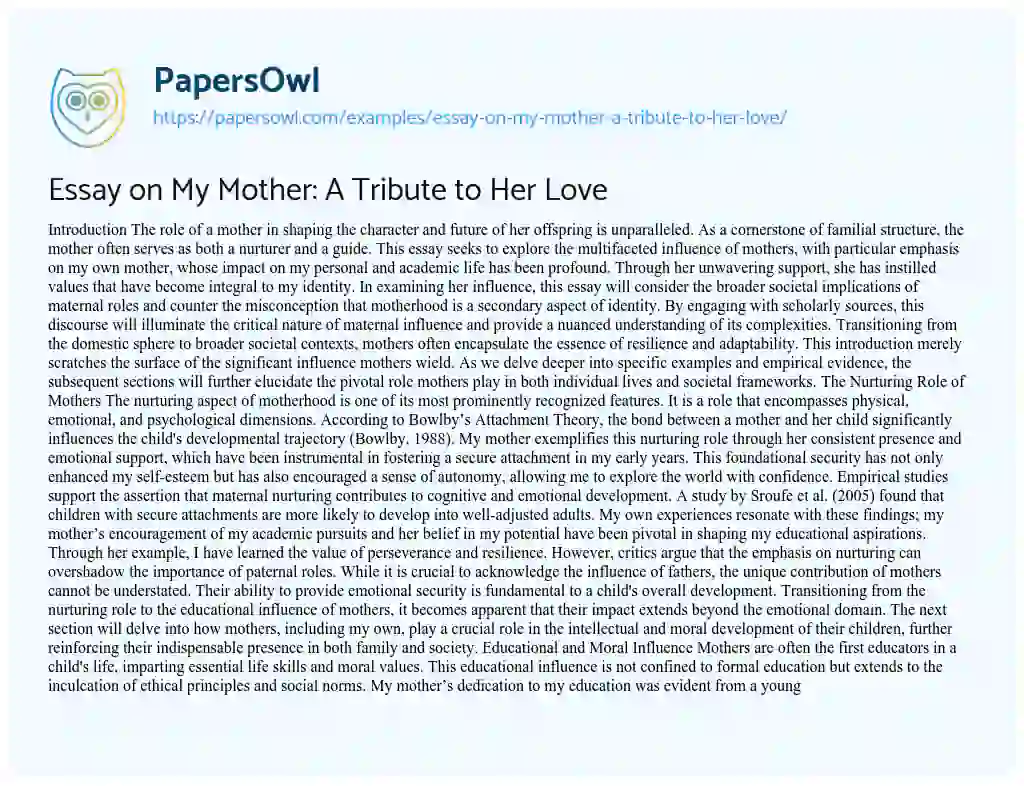Essay on Essay on My Mother: A Tribute to Her Love