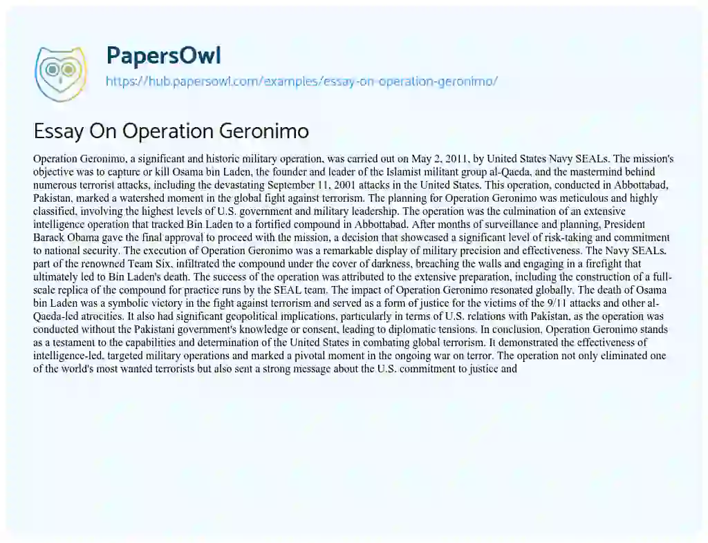 Essay on Essay On Operation Geronimo