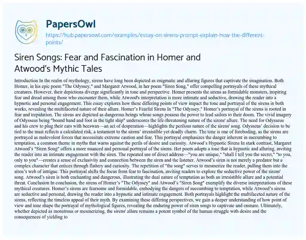 Essay on Siren Songs: Fear and Fascination in Homer and Atwood’s Mythic Tales