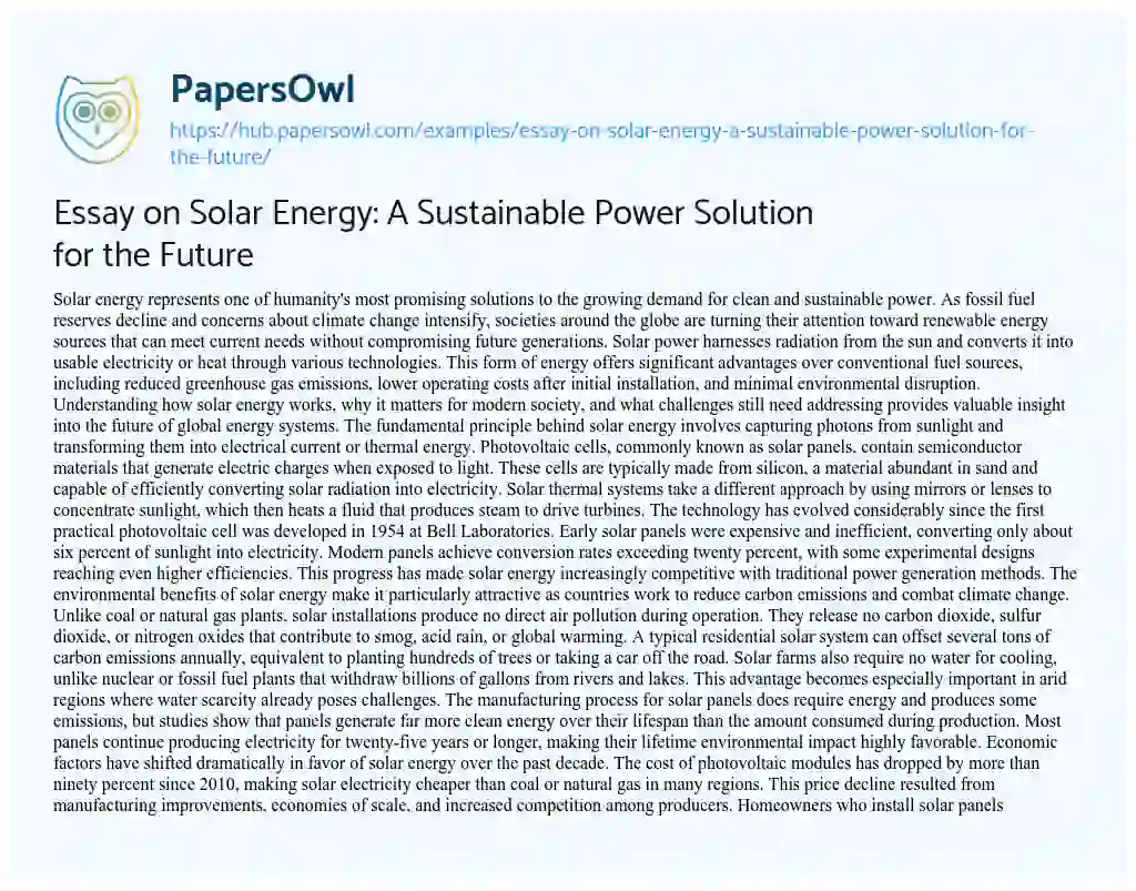 Essay on Essay on Solar Energy: A Sustainable Power Solution for the Future