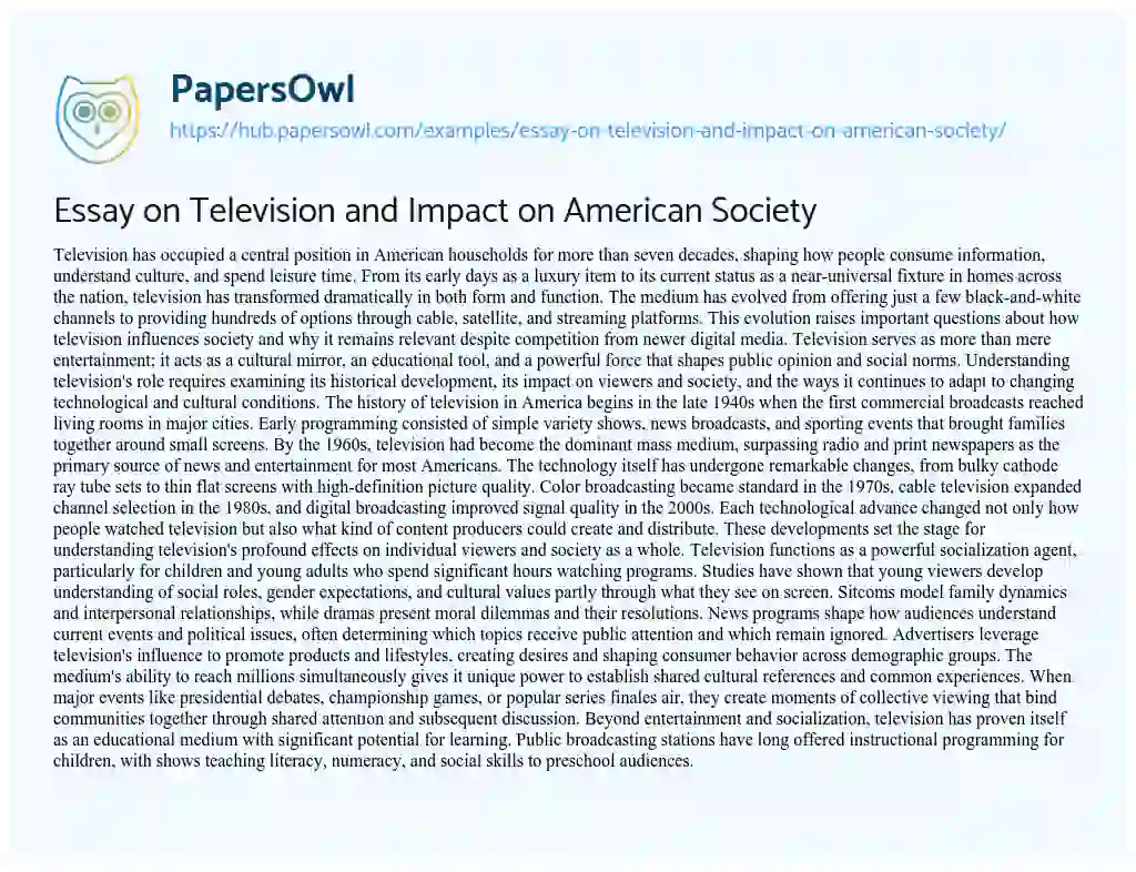 Essay on Essay on Television and Impact on American Society