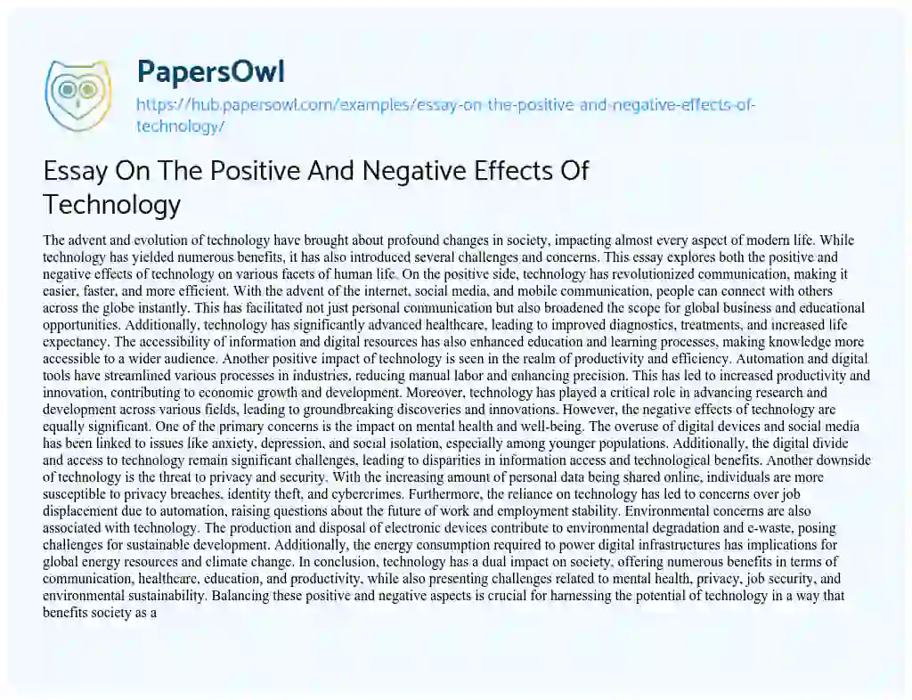Essay on Essay On The Positive And Negative Effects Of Technology